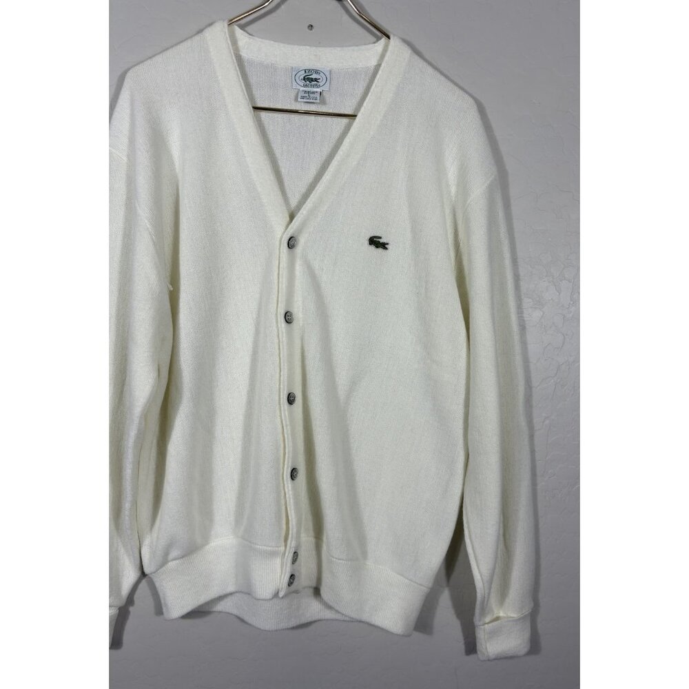 VTG Izod‎ Lacoste Mens L White Cardigan Orlon Made USA 80s Preppy Old Money - Picture 3 of 11